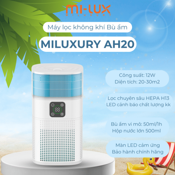 Máy Lọc Không Khí Bù Ẩm MILUXURY AH20 – Lọc Sạch 99.97% Bụi mịn, Diệt khuẩn, Khử mùi khó chịu – Công nghệ bù ẩm không sương hiện đại