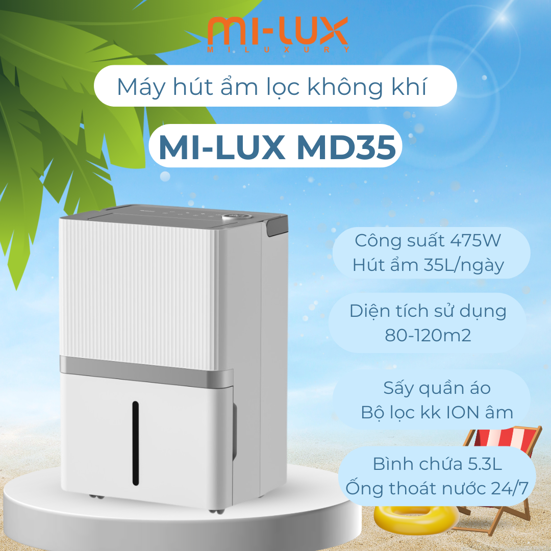 Máy hút ẩm lọc không khí thông minh ion âm MI-LUX MD35, model 2025, Bảo hành chính hãng 24 tháng