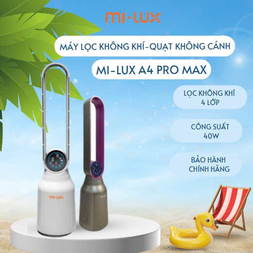 Quạt Không Cánh MI-LUX A4 Pro Max, Cảnh báo chât lượng không khí, Lọc không khí, Khử mùi ion, Đèn UV diệt khuẩn–, Bảo hành 24 tháng